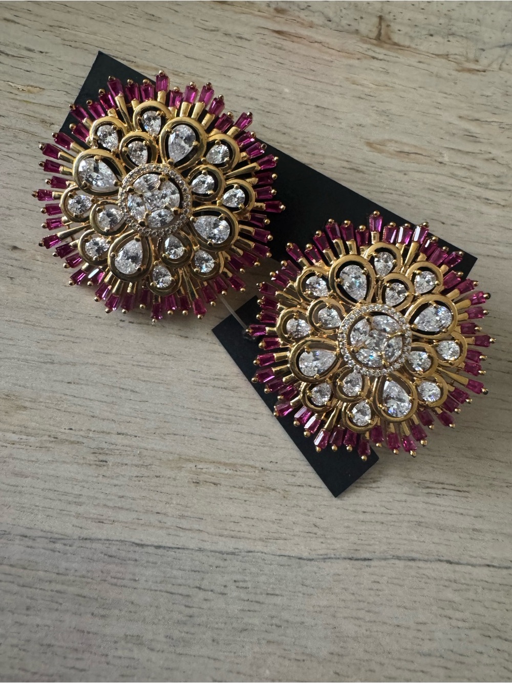 Gold Floral Burst Earrings with Pink and Clear Stones